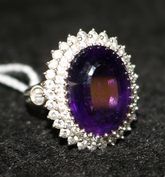 Amethyst and diamond cress ring, white metal setting